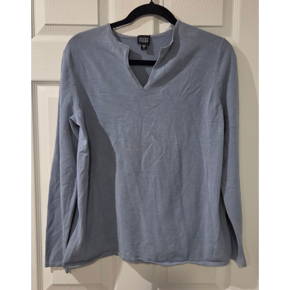 Eileen Fisher Silk Blend Knit Top Small Blue LS Lightweight Stretch‎ Sweater